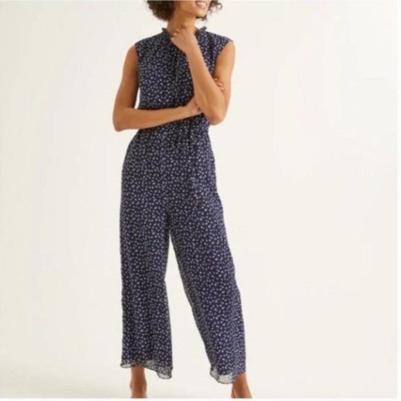 Boden Pants - Boden Blue White Floral Print Sleeveless Ruffle Collar Wide Leg Jumpsuit